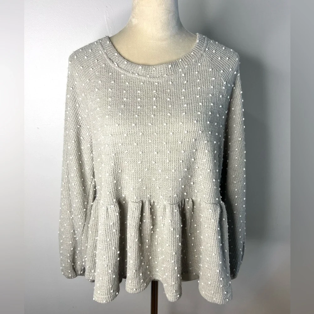 Blu Pepper Gray Peplum Top Long Sleeves Tie Back SZ L EUC - Picture 1 of 8